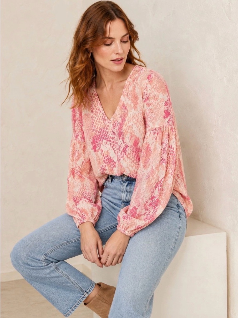 CAbi Bethany Blouse Small Pink Snakeskin V Neck Balloon Sleeve Top 5708